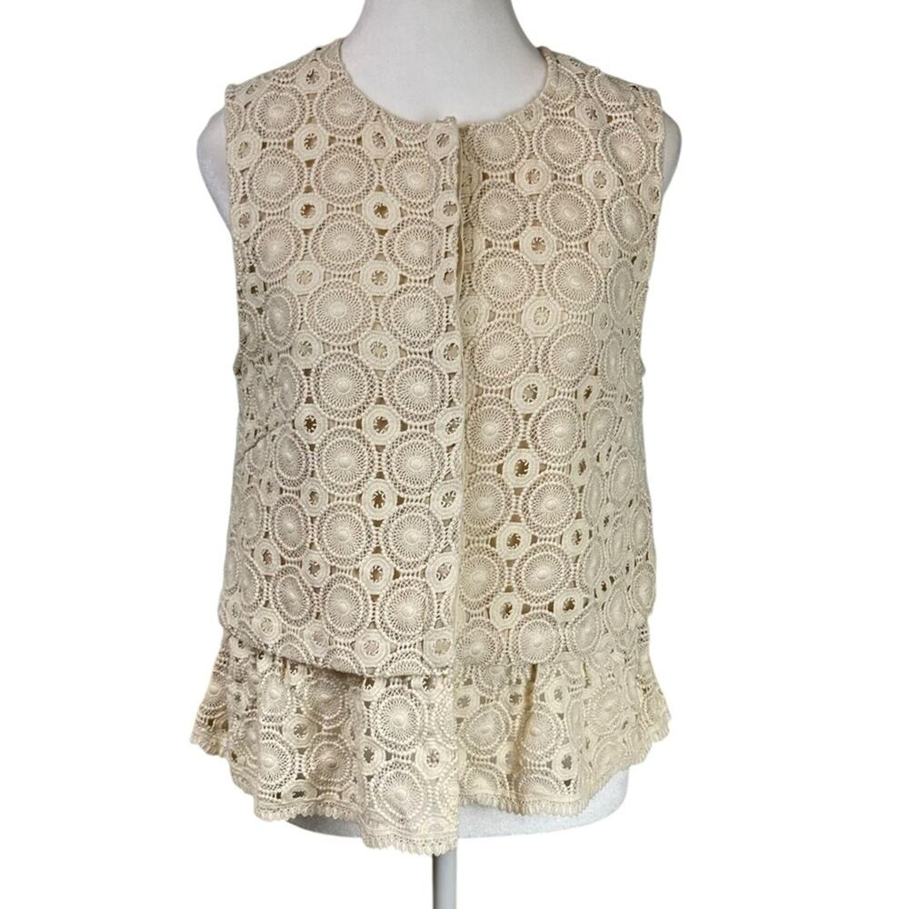 Anthropologie Atelier Camille Elegant Cream Lace Peplum Sleeveless Top Size Med